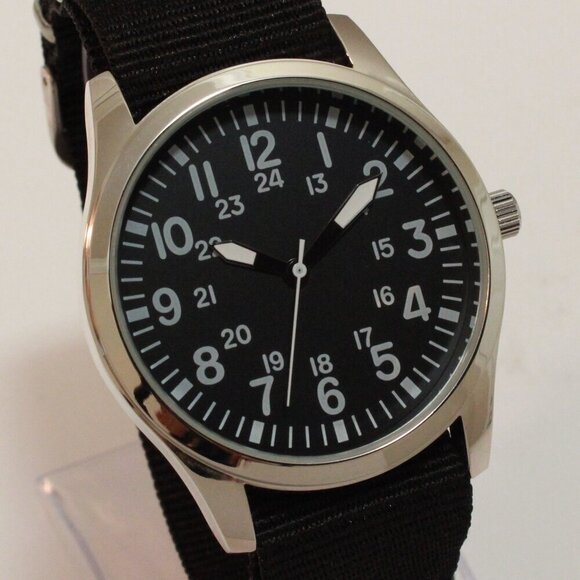 Men's Quartz Field Watch Silver Tone Case Black Military Strap 42mm - Picture 8 of 11